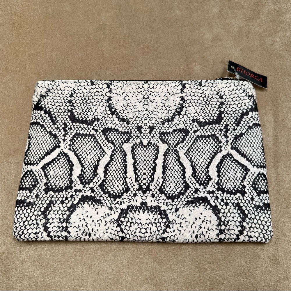 New BIJORCA Snake Skin Print Zipper Pouch Black Cream Makeup Bag